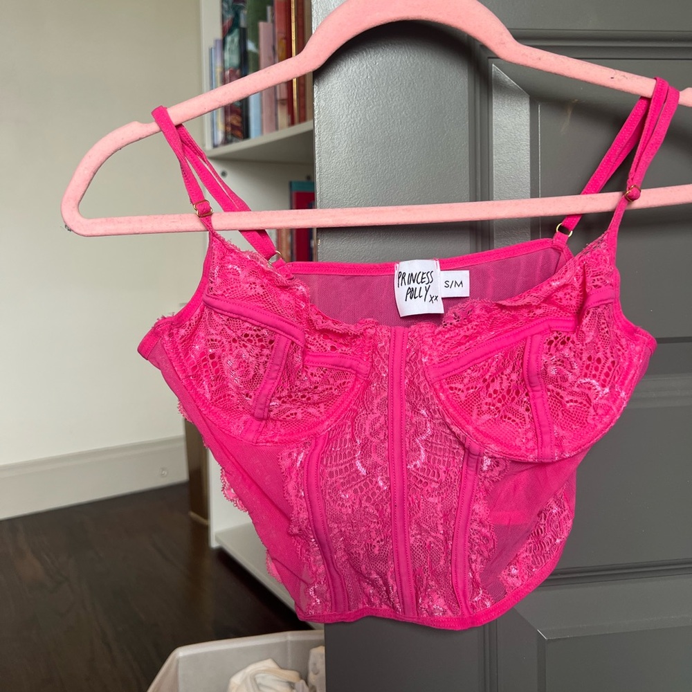 Princess Polly Pink Lace Crop Top with Spaghetti Straps